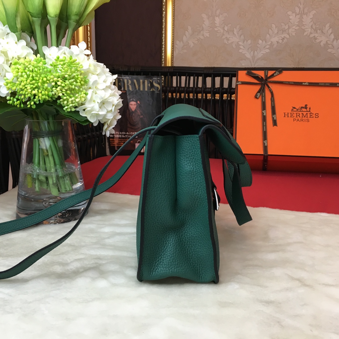 Hermes Halzan 31 Handbag Shoulder Bag In Dark Green Clemence Leather